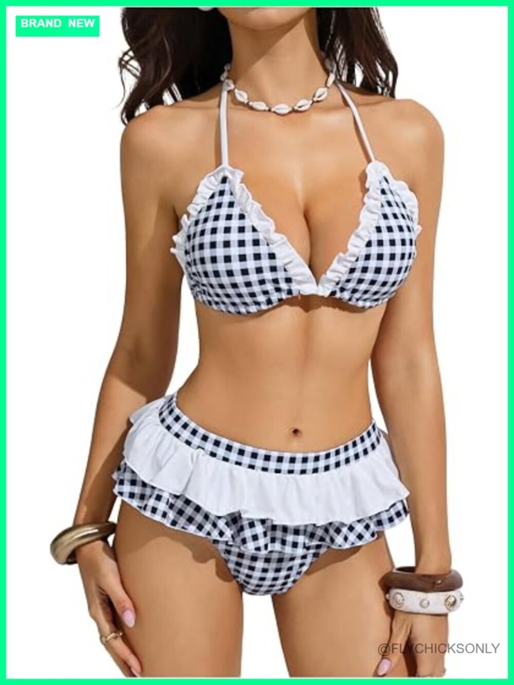 Verdusa Women's 2 Piece Gingham Bikini Sets Ruffle Layered Halter Swimsuit